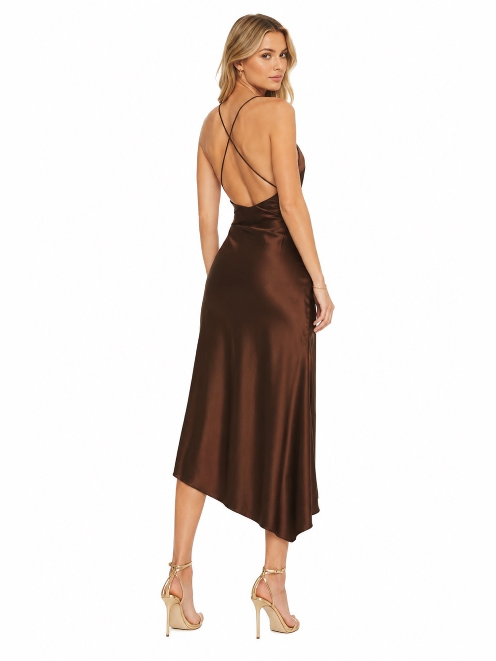 SER.O.YA Retrofête Emma Chocolate Silk Open Back Midi Dress Size S NWT